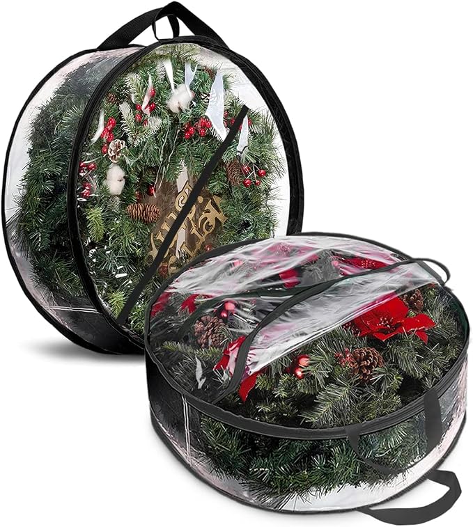ProPik Christmas Wreath Storage Bag 36" - 2 Pack Clear Christmas Wreath Storage Container- Garland Holiday Artificial Wreath Storage Holder - Water Proof Transparent PVC (36 Inch, Black)