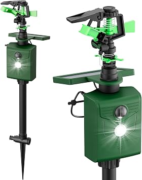 2 Pack Motion Activated Animal Repeller with Water Sprinkler and Flashing Light, Solar Powerd Deer Cat Repellent Outdoor Deterrent - Keep Rabbits Shunks Dog Raccoons Birds Away from Lawn and Garden