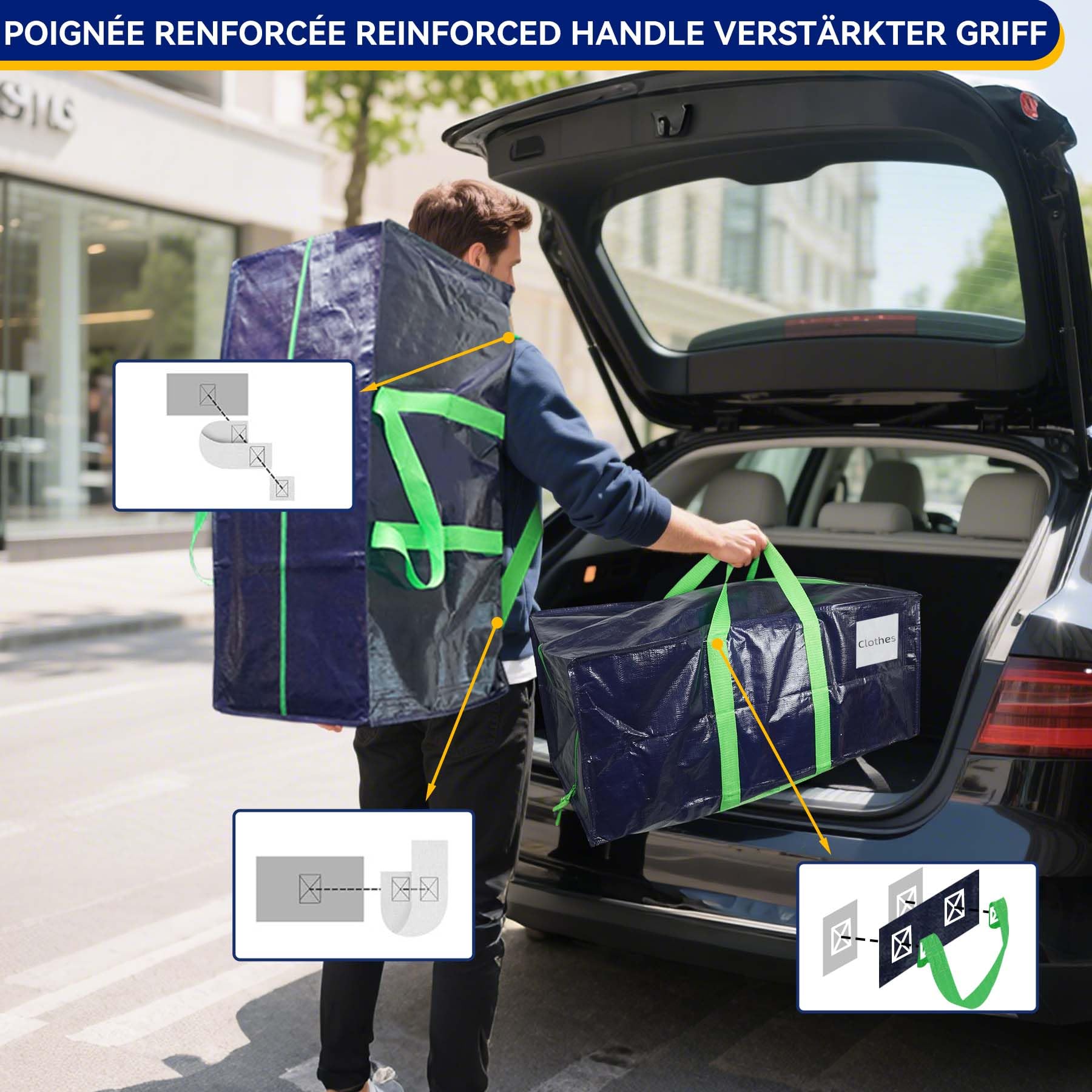AXIESO Borse da trasloco extra large – Confezione da 6 borse per traslochi resistenti – Robusti manici e cerniere – Borse riutilizzabili per traslochi – Set di borse pieghevoli pieghevoli – Blu