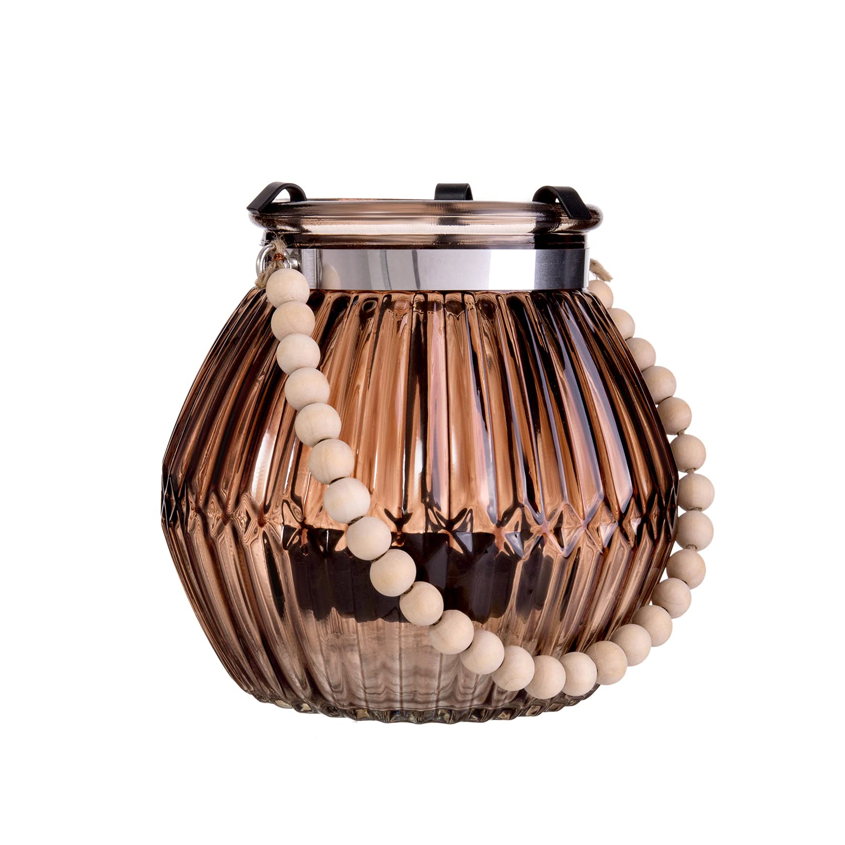 Diamond Star Glass Candle Lantern Decorative Candle Holder Outdoor Table Lantern with Wooden Bead Handle (Brown)