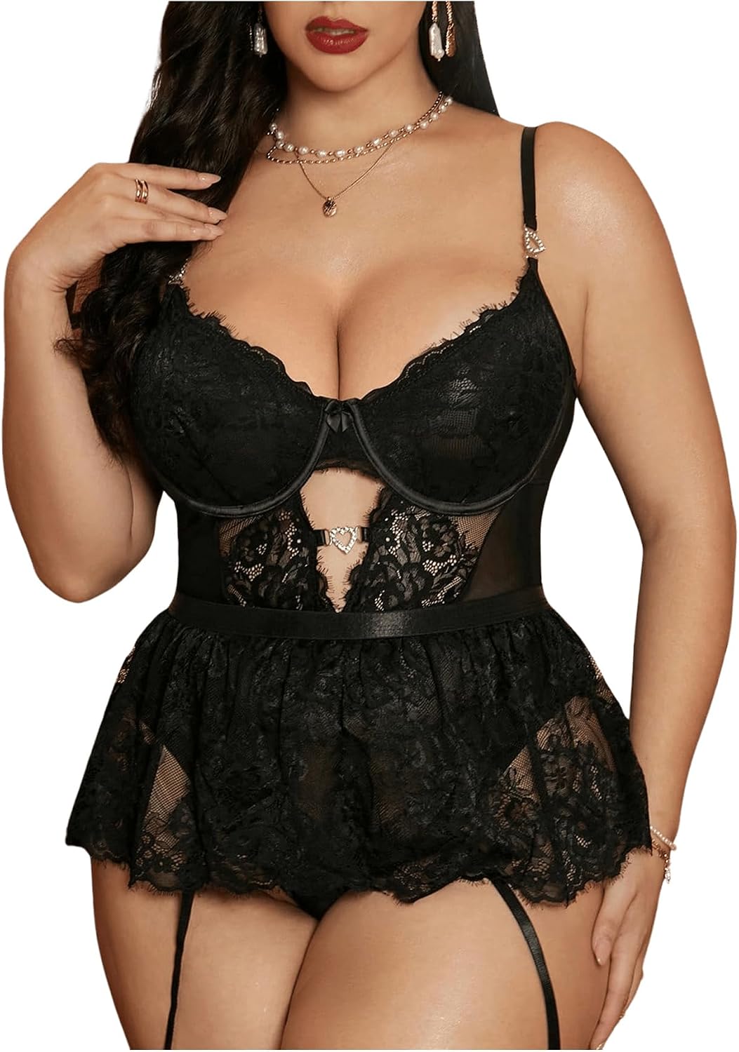 OYOANGLE Women's Plus Size Lace Babydoll V Neck Teddy Lingerie Set