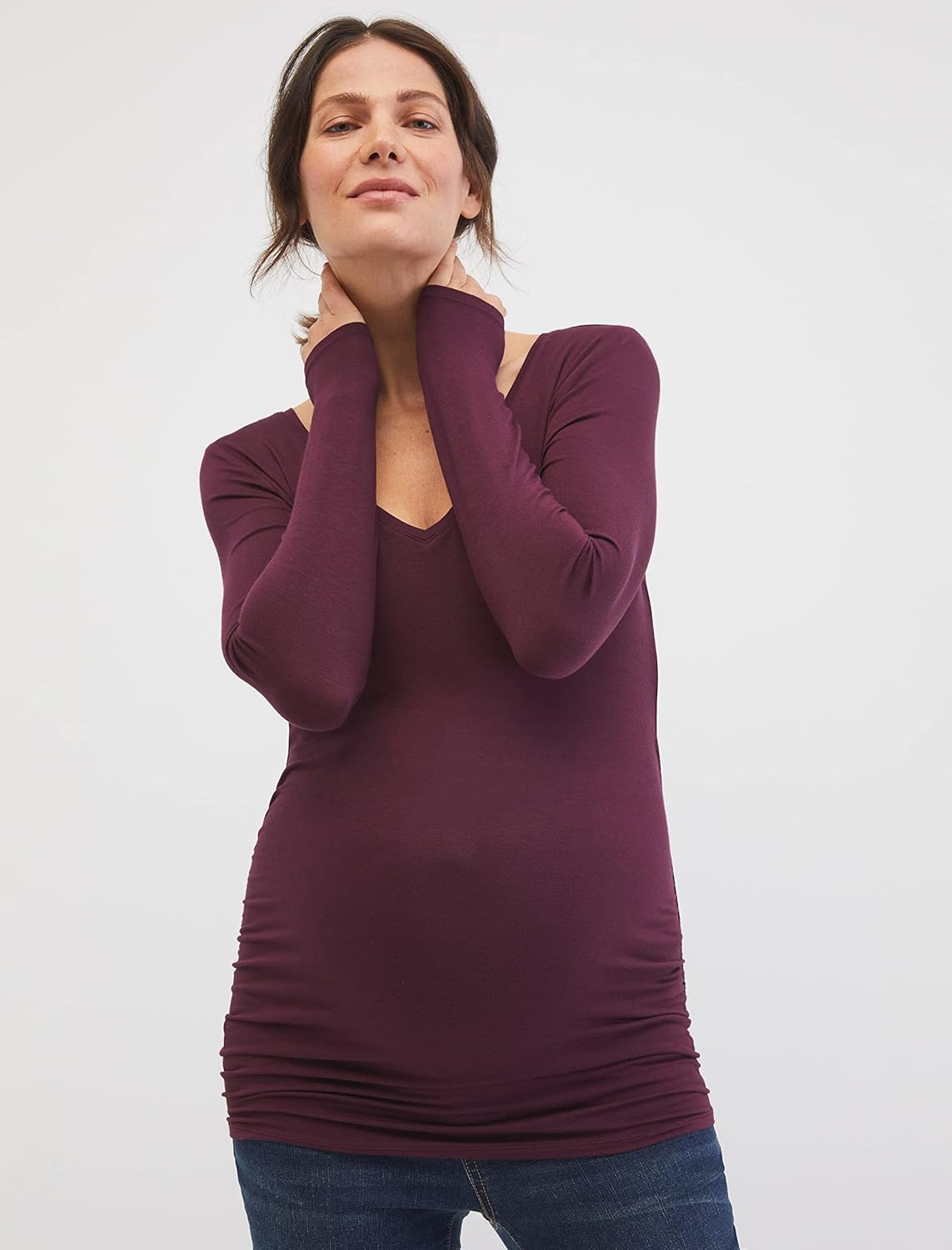 Motherhood Maternity Womens Long Sleeve V-Neck Side Ruched Tee Shirt