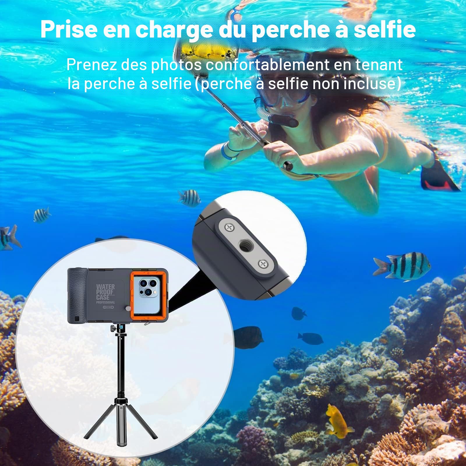 Étui de téléphone de plongée sous-marine pour iPhone 15/14/13/12/11 Pro Max, Samsung Galaxy S24/S23/S22/S21 Plus, ultra universel, [15 m] Étui étanche professionnel pour plongée sous-marine - Orange