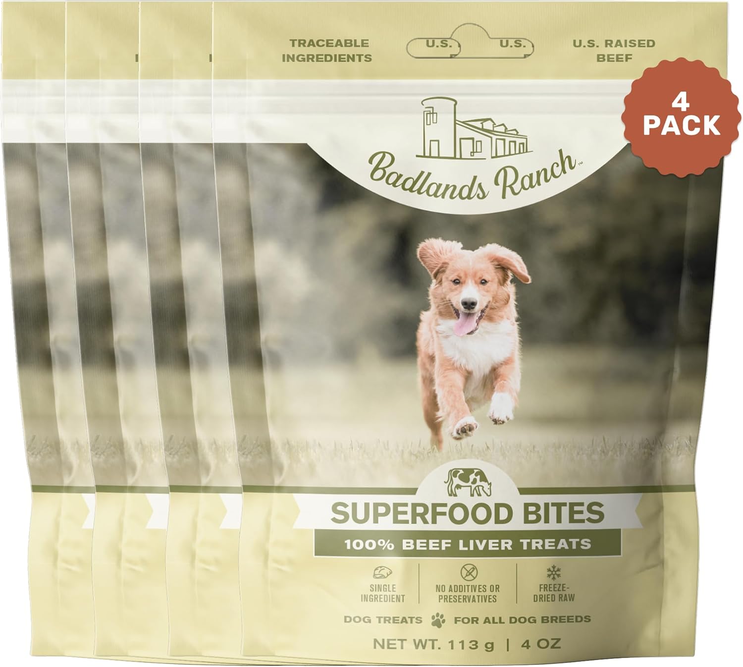 BADLANDS RANCH by Katherine Heigl – Superfood Bite Freeze-Dried Raw Beef Liver Dog Treats – High Protein Single-Ingredient Snacks for Training, Rewards & Daily Wellness – 4 oz (Pack of 4)