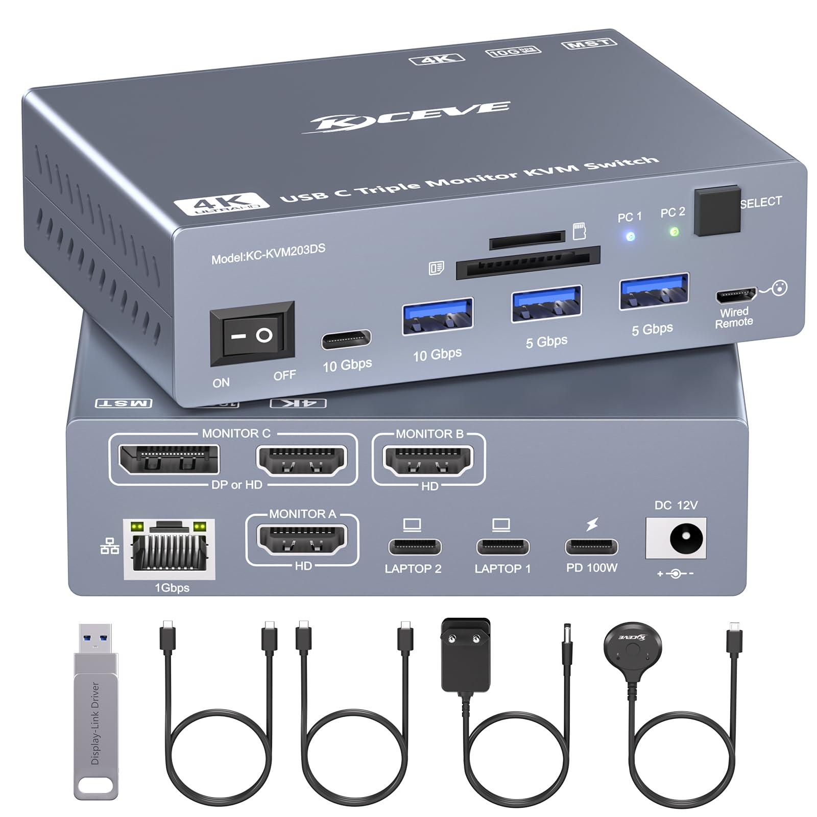 Thunderbolt 4 Przełącznik KVM 3 Monitory 2 Laptopy 4K@60Hz, Stacja Dokująca DisplayLink USB-C Funkcją KVM, Kompatybilna z Komputerami Mac, zasilanie Power Delivery 100 W,USB 3.2, SD/TF,Ethernet 1 Gbit