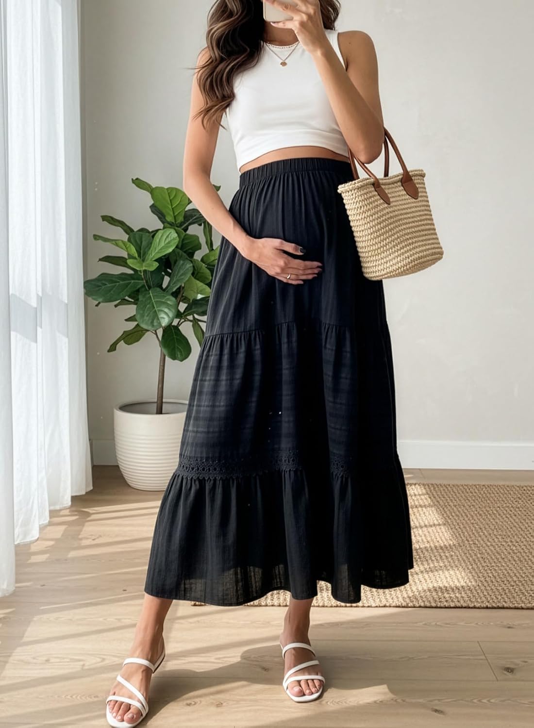 BLENCOT Long Skirts for Women Boho Crochet Lace High Waisted A-Line Cotton Tiered Maxi Skirt - Image 4