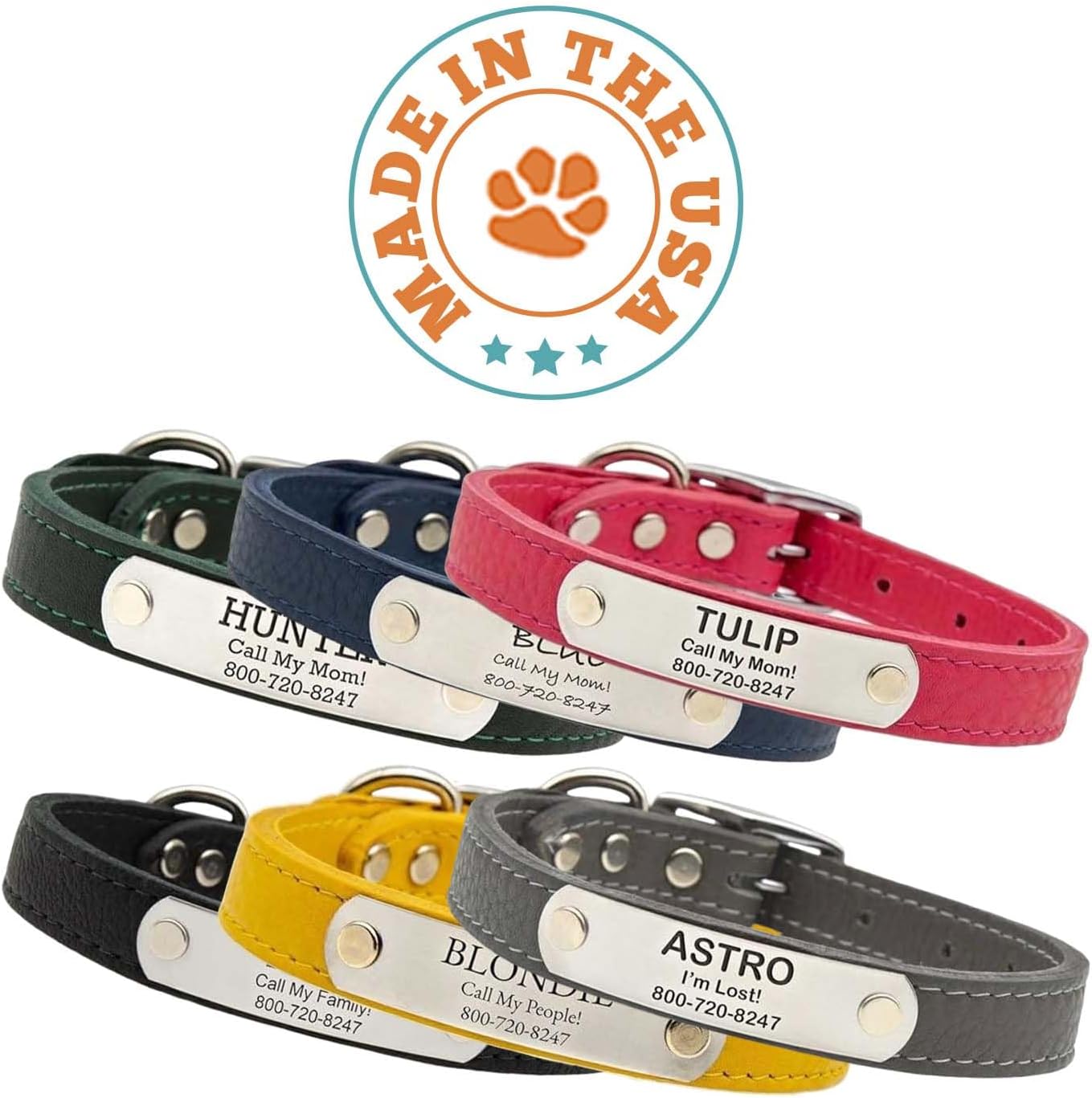 dogIDs Personalized Soft Designer Leather Dog Collar - Adjustable, Odor Resistant, Built-in Custom Laser Engraved Rivet on Name Plate - Turquoise - 1 in Wide x 19 in Neck