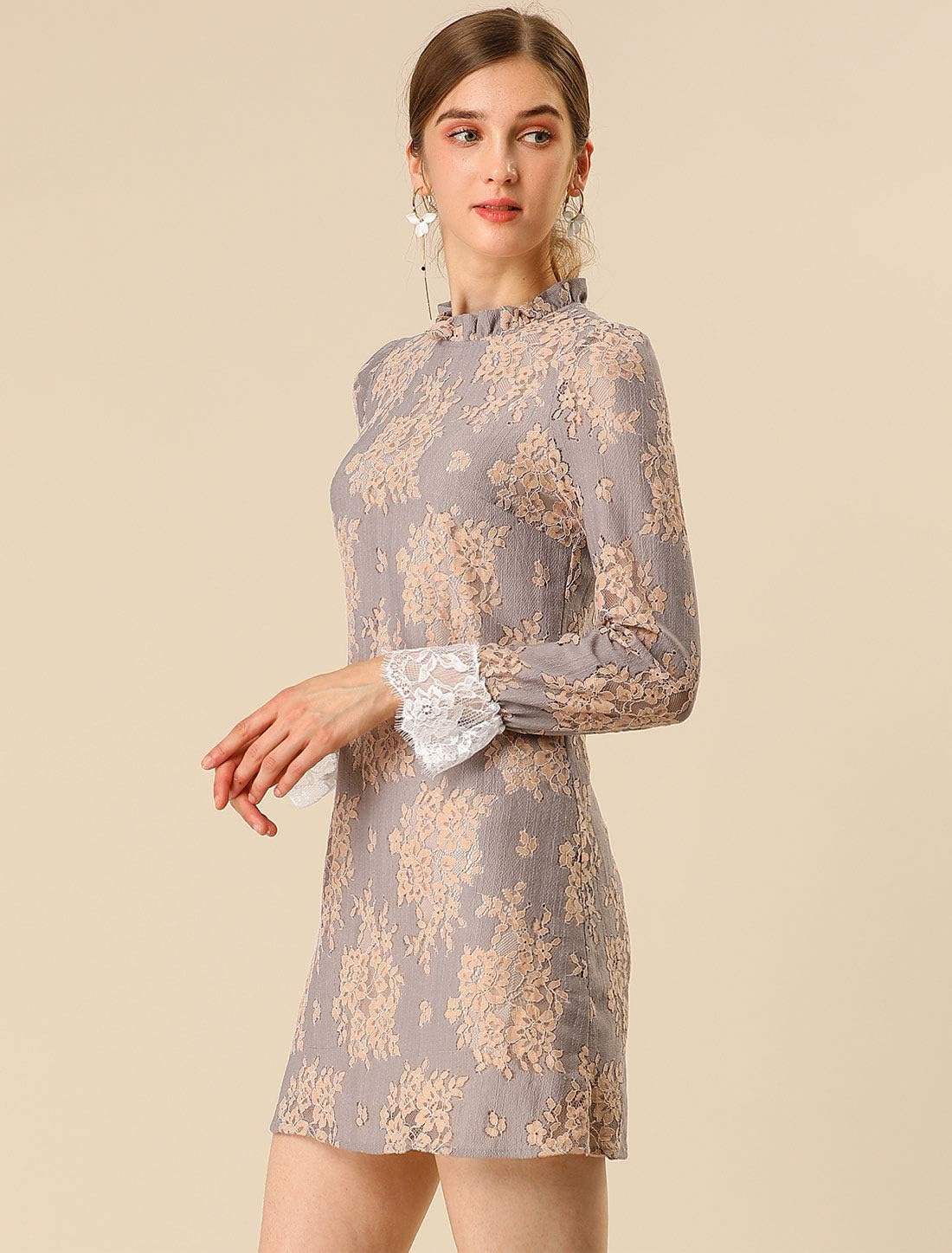 Allegra K Women's Cocktail Elegant Ruffle Crew Neck Floral Lace Shift Dress - Image 2