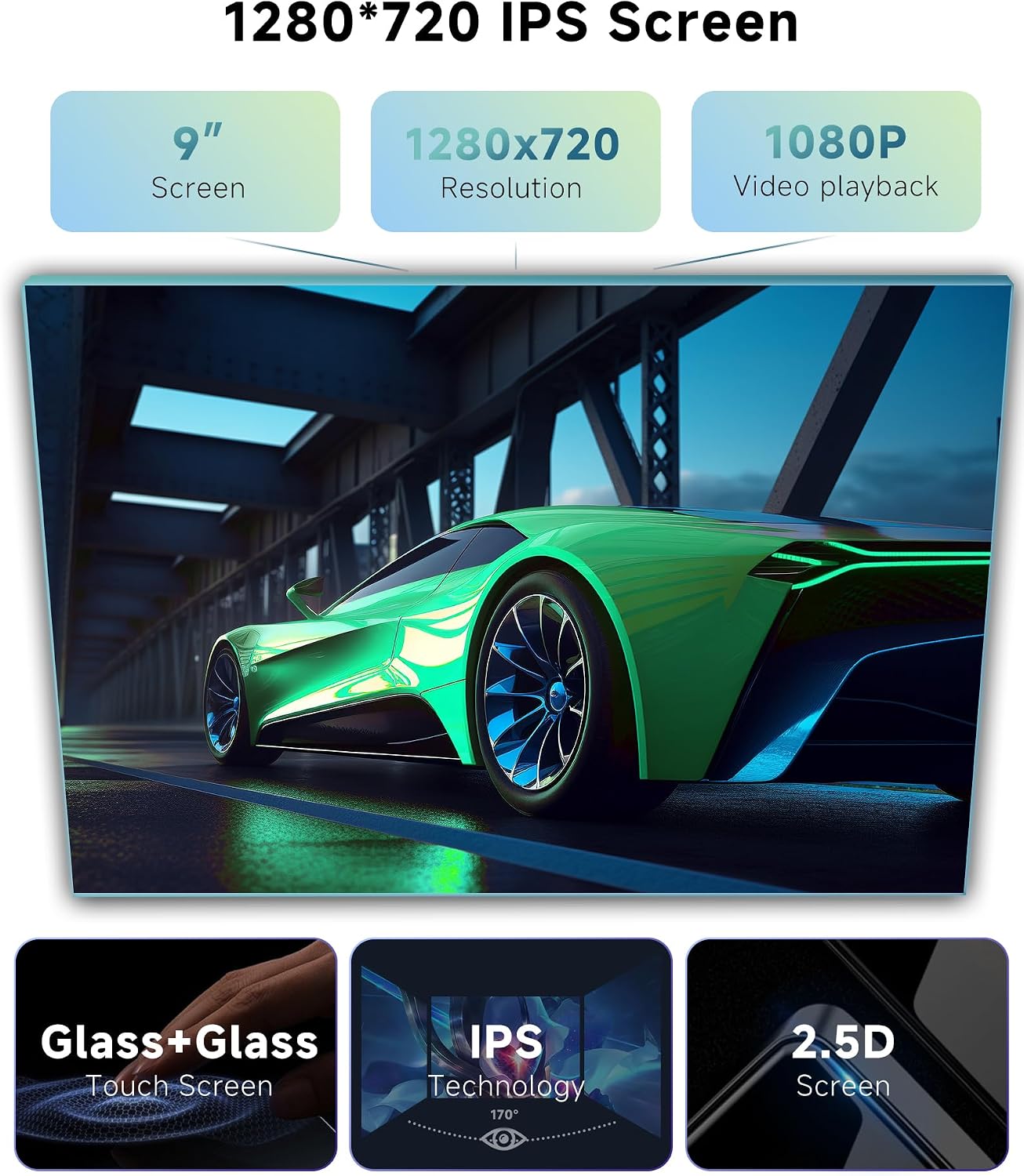 Image showing the rear camera input feature, highlighting waterproof, night vision, HD image, and wide-angle capabilities, with a view of a parking garage from a rear camera.