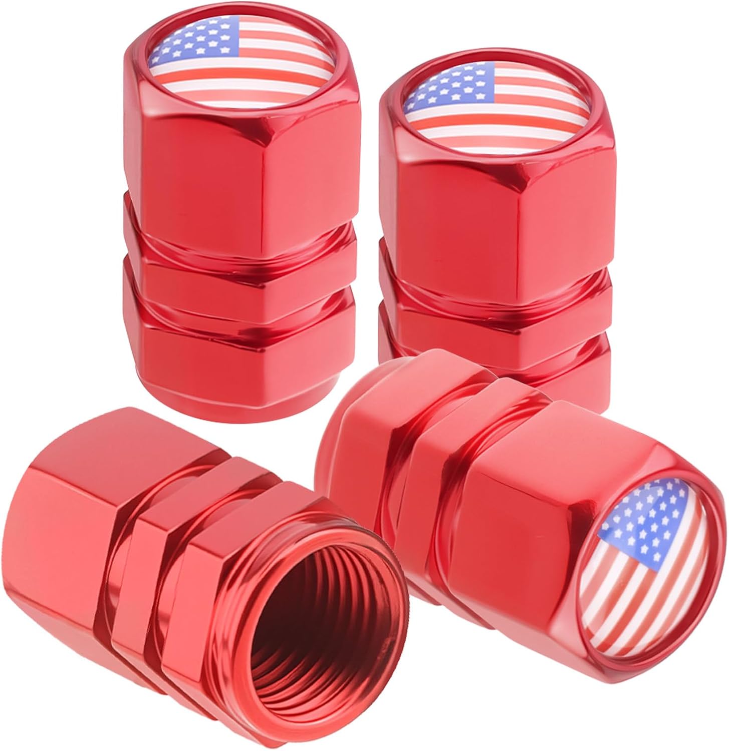 Universal Tire Valve Stem Caps, 4pcs Aluminum Tire Valve Cap Set, Corrosion Resistant Stem Covers for Cars SUVs Trucks Motorcycles Bikes (Flag-Red)