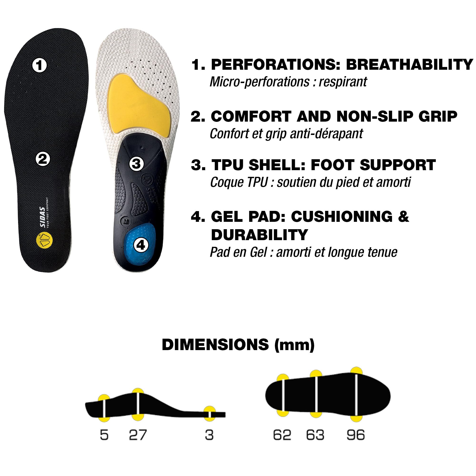Sidas Semelles 3D Football, Adaptées aux Crampons, Grip Anti-Dérapant, Coque TPU et Pad en Gel pour Un Amorti et Soutien du Pied