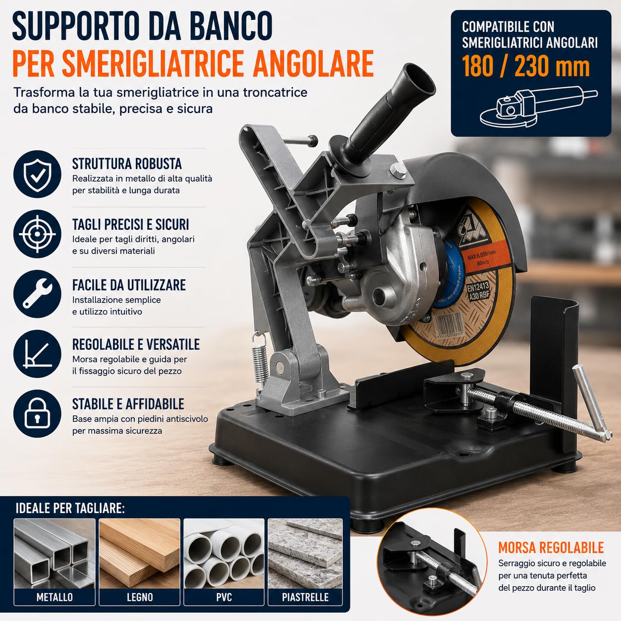 Soporte de banco para amoladora angular 180/230 Tronzadora Soporte para amoladora angular de 180-230 mm tronzadora madera hierro ajustable