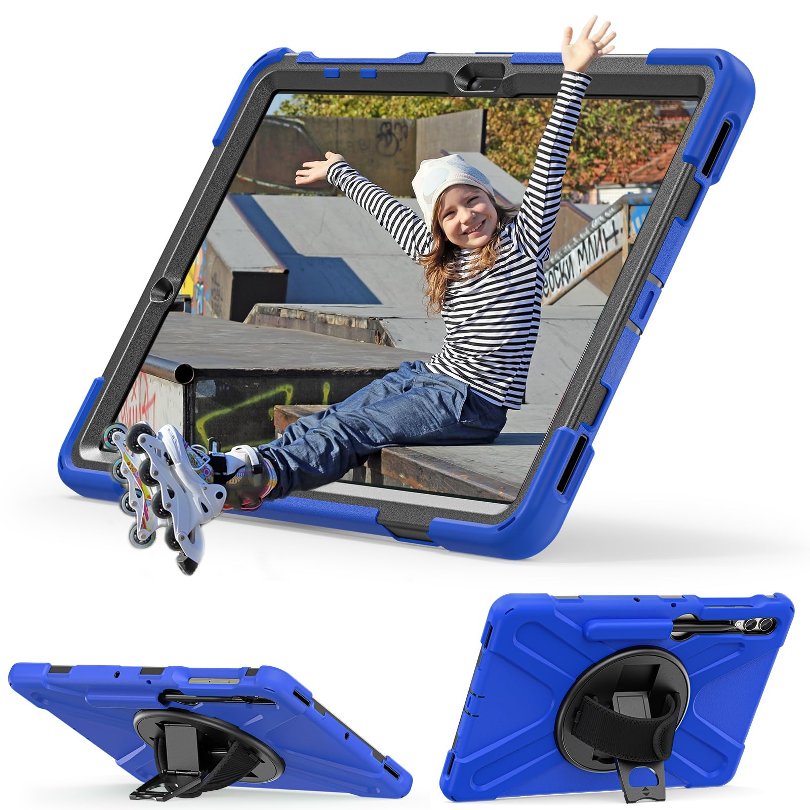 Kompatybilny z Samsung Galaxy Tab S7 FE/Plus [SM-T730/T970/T975] Etui, wytrzymałe, odporne na wstrząsy etui uchwytem długopis, pasek ramię, ochronne(Blu)