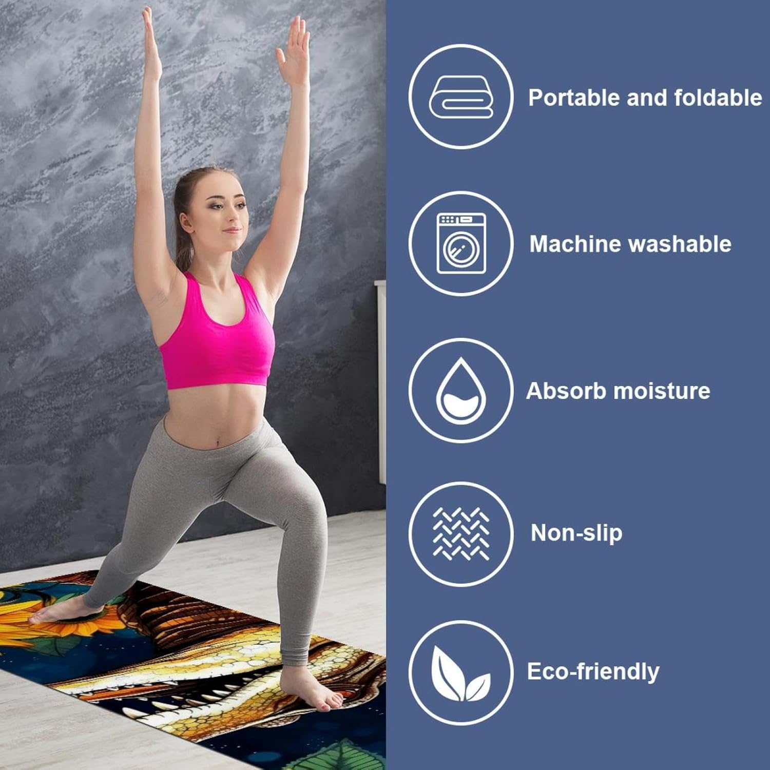 Yoga Towel, Crocodile Star Sunflower Non Slip Sweat Absorbent Hot Yoga Mat Towel for Hot Yoga, Pilates and Fitness - 72.8" x 26.8"