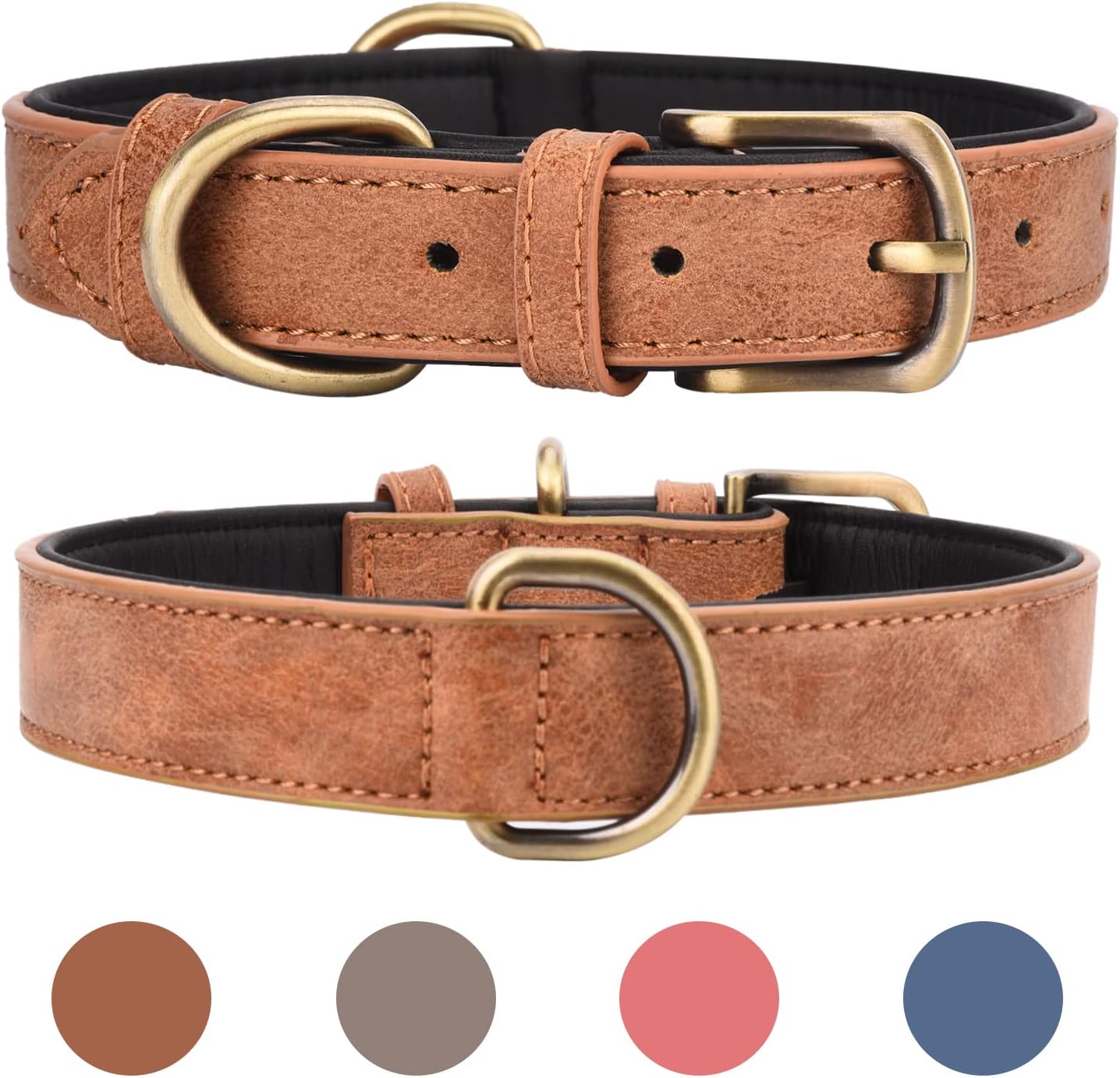 Leather Dog Collar for for Small Medium Large Dogs Soft Breathable Padded Puppy Collar with Double D-Ring Adjustable Durable Strong Collar