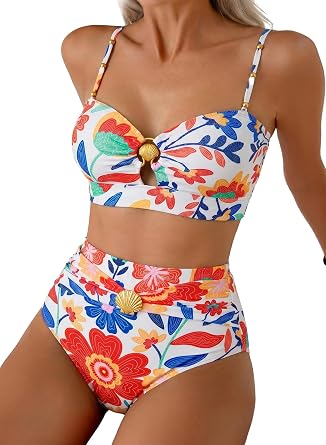 Herseas Women Seashell Ring Bikini Sets High Waisted 2 Piece Bathing Suits