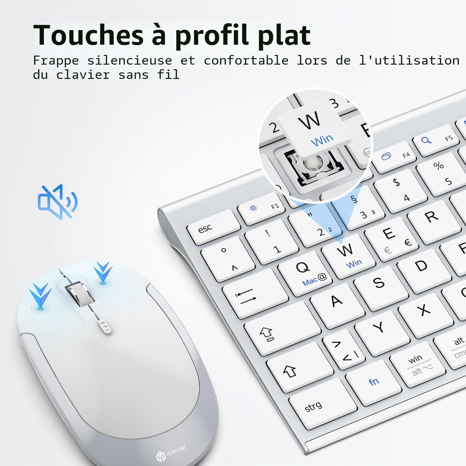 iClever Ensemble clavier et souris sans fil, clavier et souris sans fil 2,4 G, USB-C rechargeable, taille originale, clavier fin, fin et résistant pour Windows 7/8/10, Mac OS