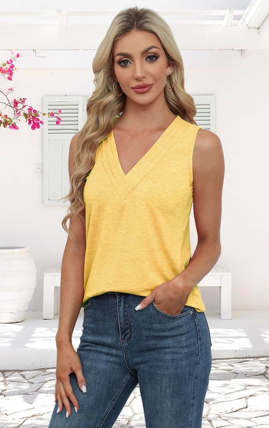 Womens Tank Tops V Neck Basic Solid Color Casual Flowy Summer Fashion Loose Sleeveless Comfort Colors T Shirts,Yellow,Khaki,XXL - Image 5