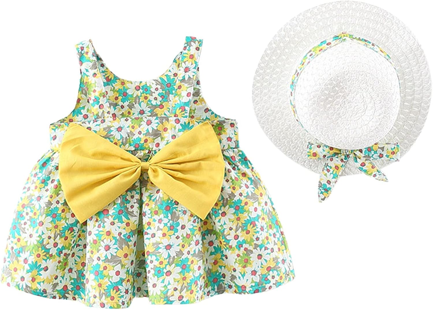Cousannory 子供服 14周年記念イベントが 女の子 ワンピース 帽子 セット 夏 ベビー服 リボン ドレス プリンセス チュチュスカート 結婚式 韓国 夏服 入園式 リゾート チュニックワンピース サマードレス 洋服 プレゼント キッズ ガールズ ノースリーブ