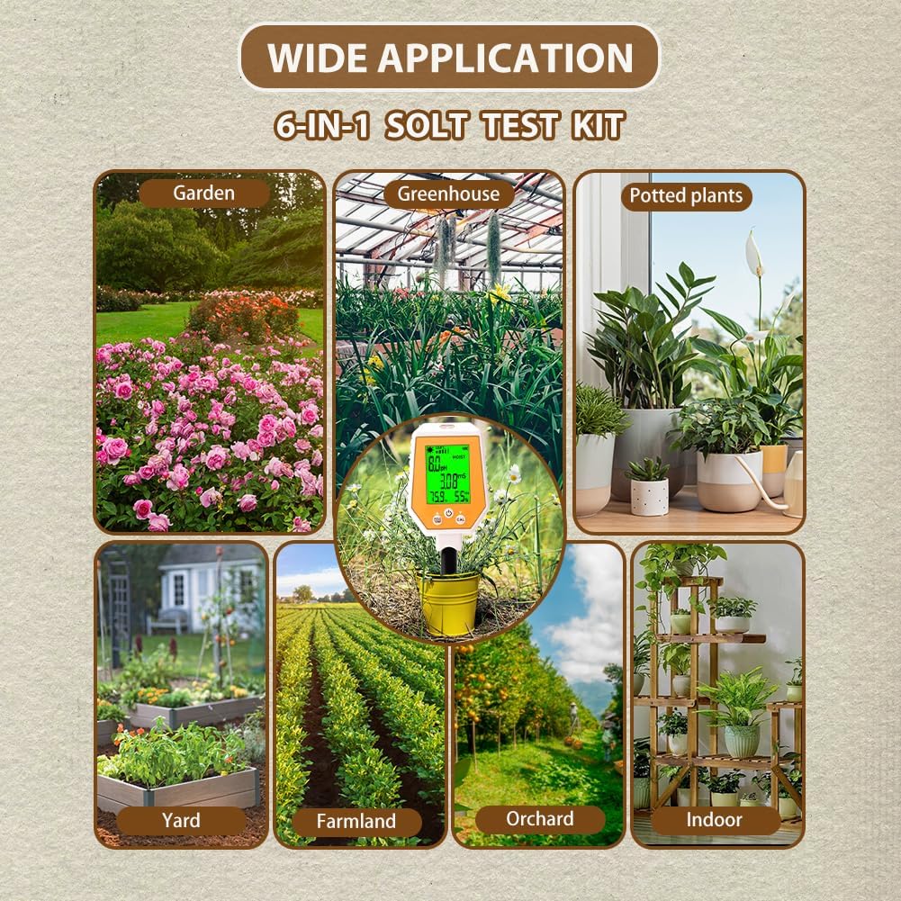 6-in-1 Soil Tester pH/EC///Air Humidity/Temp High Accuracy Conductivity Digital Hygrometer pH Meter Removable Panel for Gardening Farming