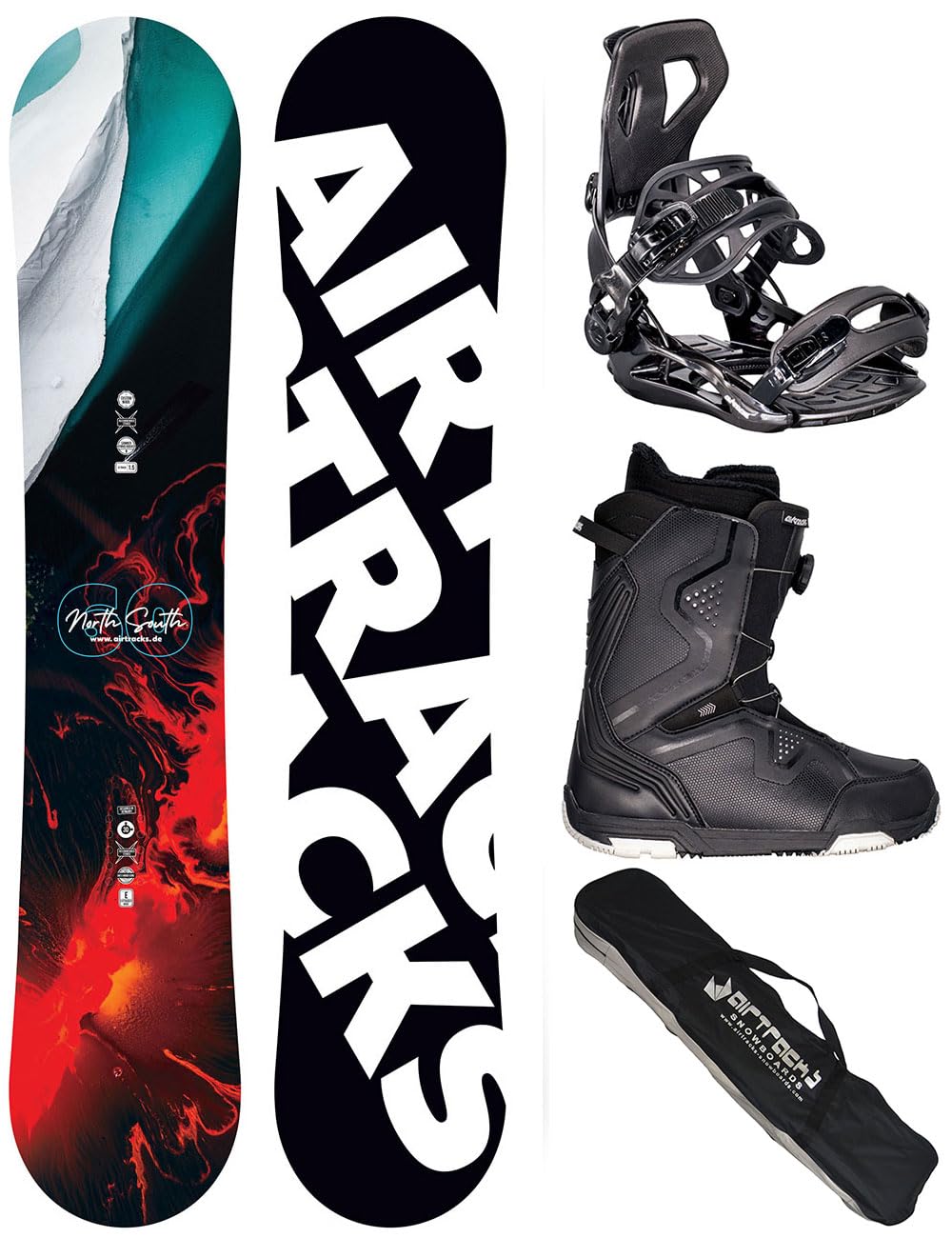 AIRTRACKS Snowboard Set (Paquete Completo) Tabla North South Four Wide (Hombre)+Fijaciones Master+Botas+SB Bolsa Nuevo 150 157 159 162 cm