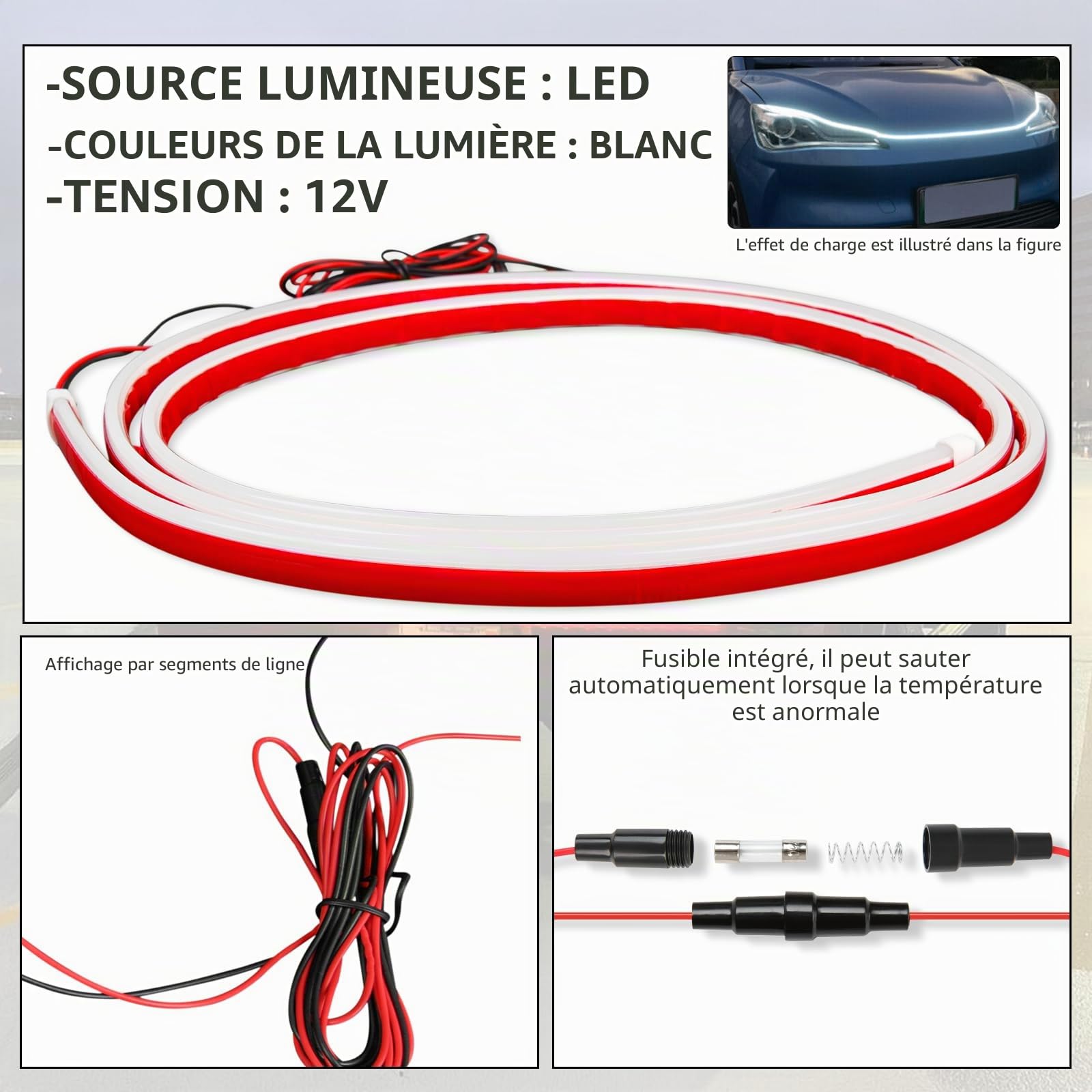 DREAMIZER Bande lumineuse LED dynamique et étanche pour capot de voiture de 180 cm, feux de jour blancs flexibles et accrocheurs pour voitures, SUV et camions