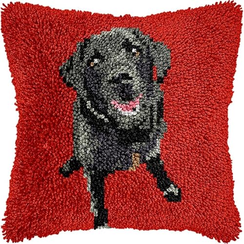 Kits de gancho de pestillo,Animal perro,un labrador negro,kit de gancho de pestillo de cojín,ganchillo,de bordado de cojín para niños,43x43cm