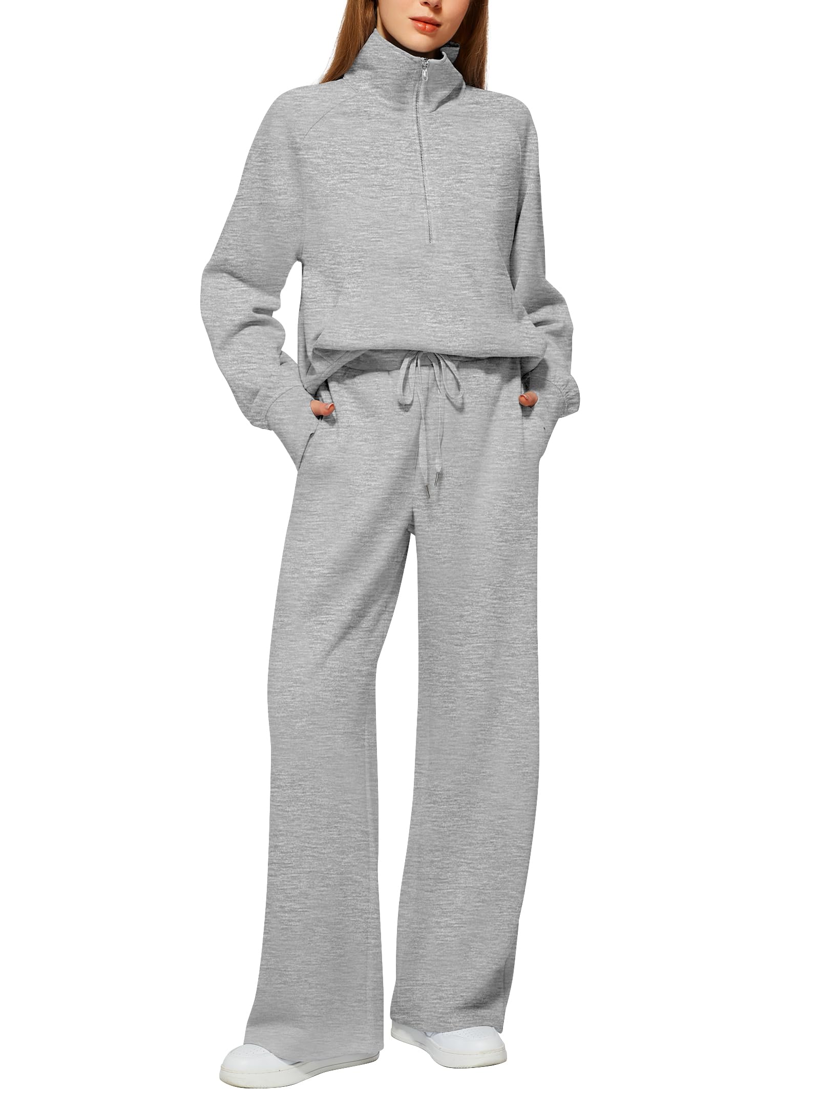 Women's 2 Piece Outfits Lounge Set 2025 Oversized Half Zip Sweatshirt Wide Leg Sweatpant Set Sweatsuit Tracksuit