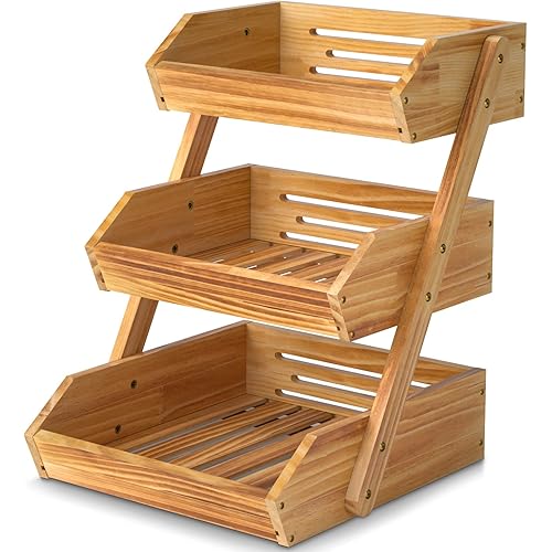3 Tier Wooden Fruit Basket For Kitchen, Bread Vegetable Fruit Basket Bowl Stand, Farmhouse Fruit Bowl for Countertop, Large