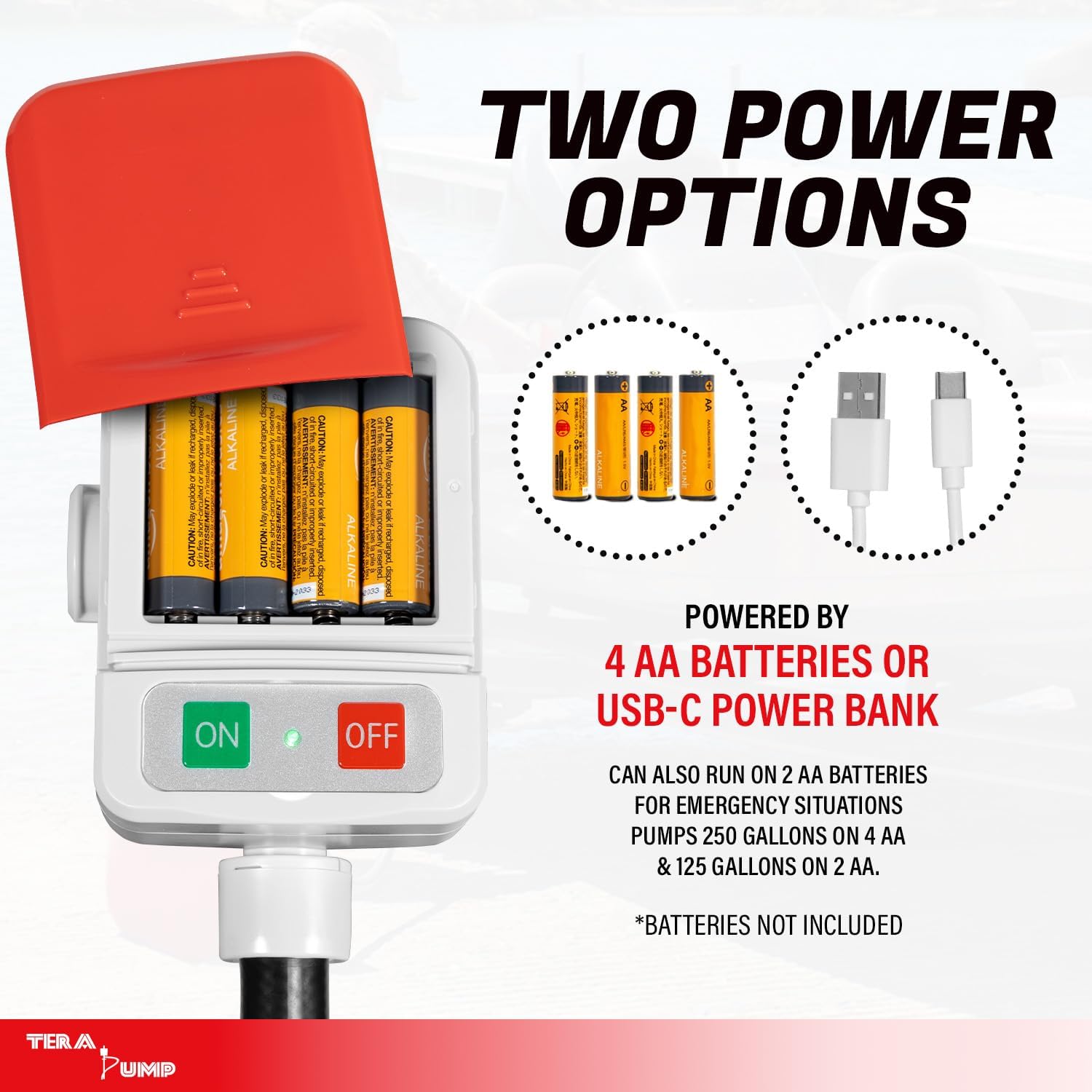 TERA PUMP Battery Powered Liquid Transfer Pump (3.2 GPM) – USB-C or AA Powered with Auto Stop Sensor, 51" Heavy-Duty Rubber Hose, 4 Container Adapters, Ergonomic Flow Control Nozzle