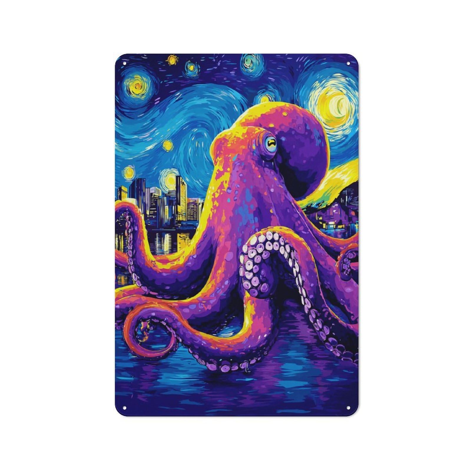 Nostalgic Cityscape with Colorful Octopus Metal Wall Sign 30x20cm, Classic Pub Decor for Bar, Kitchen, Garage Or Games Room