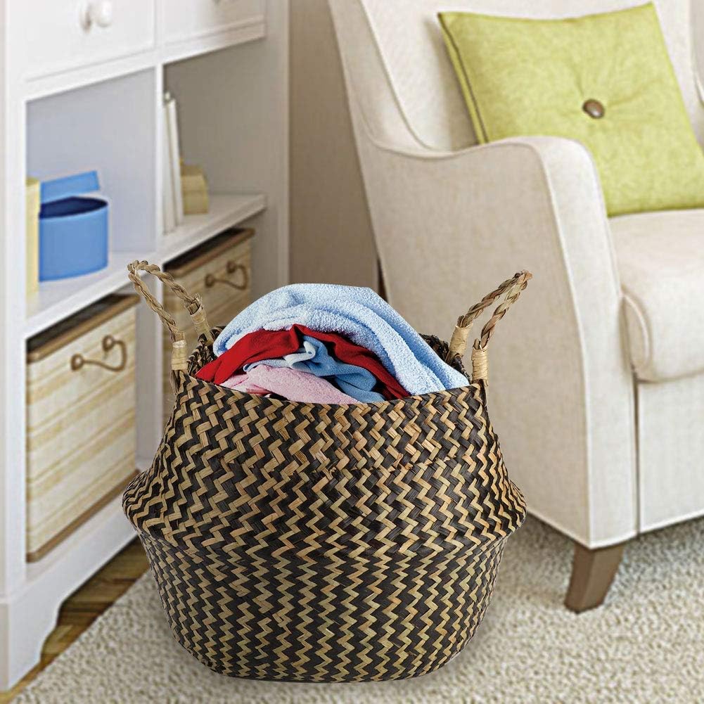Seagrass Belly Basket, Modern Woven Basket for Flower Pot Floor Indoor Planters, Plant Containers Hand Woven Basket Planter Living Room Home Decor (black (wavy pattern))