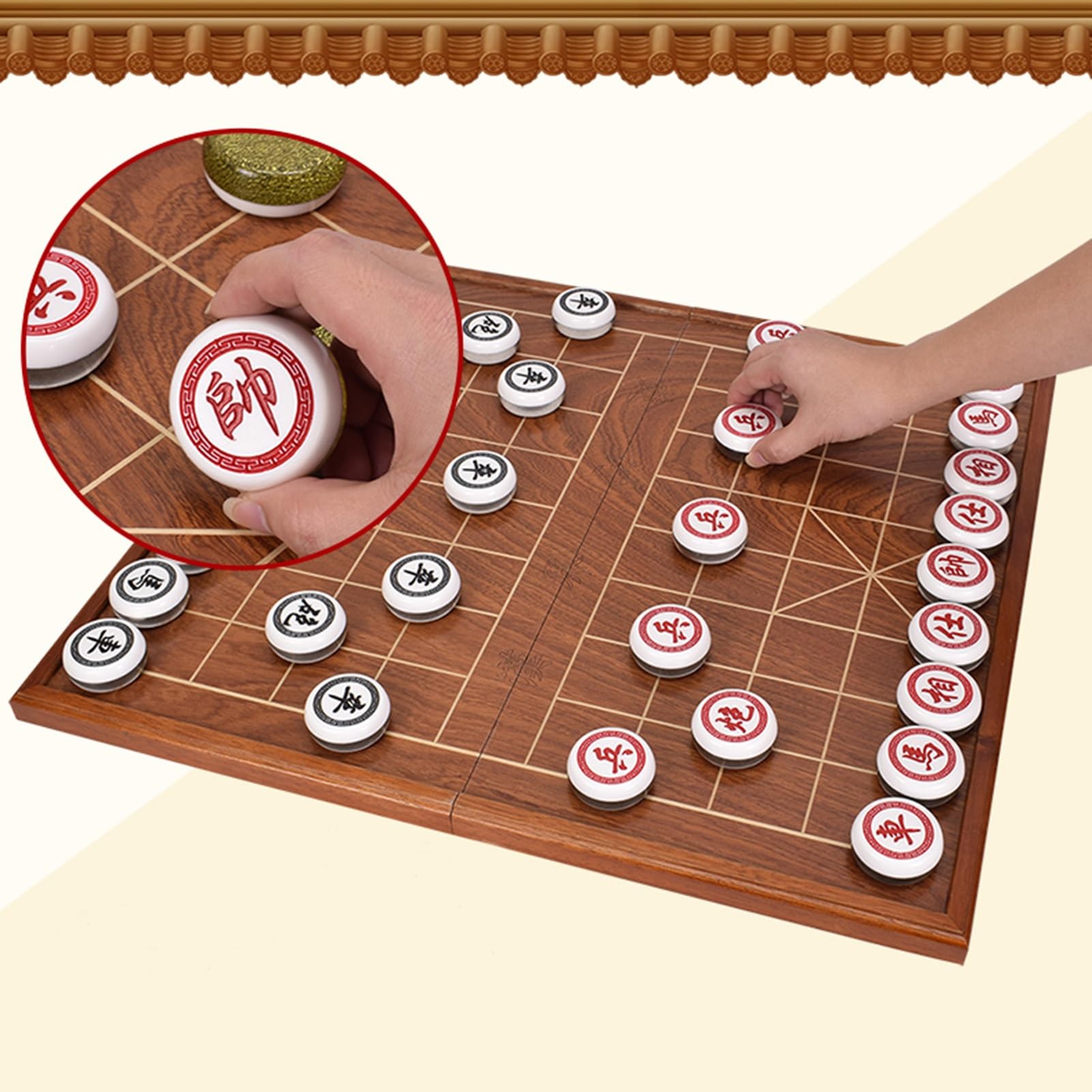 Juego de ajedrez Chino acrílico Xiangqi con Tablero de Madera Plegable, Ideal para Viajes, Juegos de Mesa y Estrategia para 2 Jugadores (Blanco)