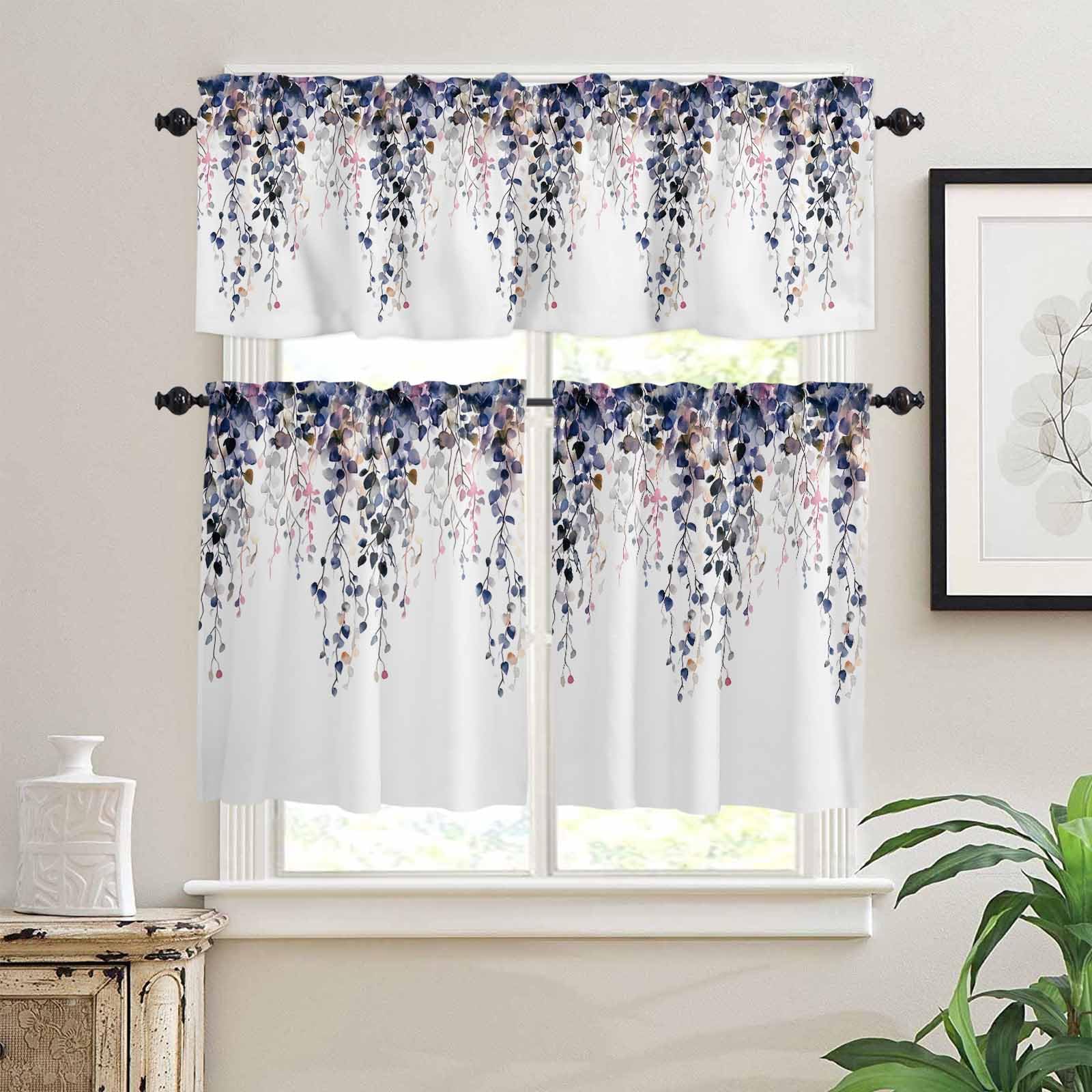 Colorful Leaves Kitchen Curtains 36 Inch Length,3 Piece Rod Pocket Small Half Tiers and Valance Set,Simple Eucalyptus Branches Sprigs vines Small Large Window Treatment Decor for Bedroom/Bathroom