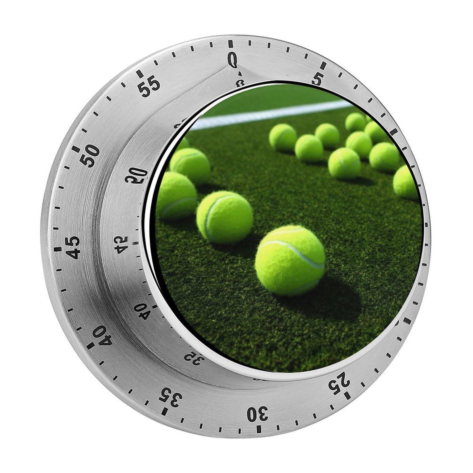 60 Minute Wind Up Timer, Visual Mechanical Timer with Loud Alarm, Tennis Balls on Tennis Grass Court Kitchen Timers for Cooking - No Batteries Required - Magnetic Backing, Exquisite Stainless Steel Bo