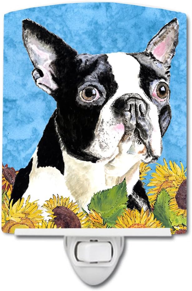 Caroline's Treasures SC9063CNL Boston Terrier in Summer Flowers Ceramic Night Light Compact, UL-Certified, Ideal for Bedroom, Bathroom, Nursery, Hallway, Kitchen, 6x4x3, Multicolor