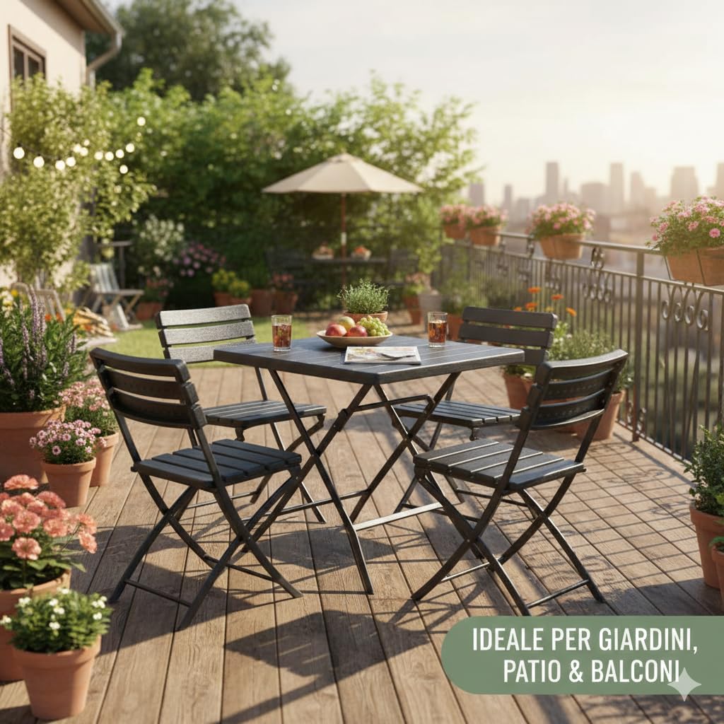 BERARDI B.INTERIORS | Set Tavolo e Sedie da Giardino Pieghevole, Nero, 5 Pezzi, Polietilene Alta Densità, 1 Tavolo 78x78x74 cm e 4 Sedie 58x46,5x81 cm, per Giardino Patio Balcone