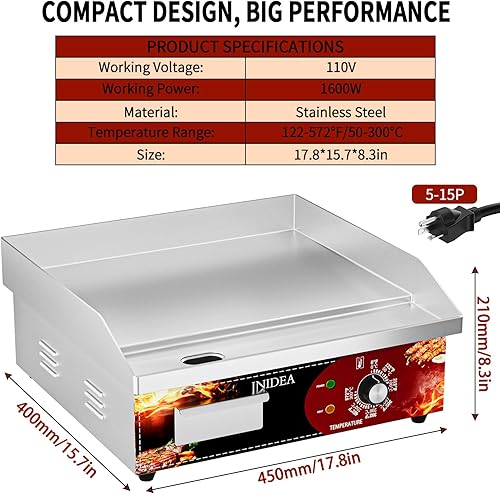 Miniatura 5 de Parrilla eléctrica comercial de 18 pulgadas, sartén de placa caliente de encimera con control de temperatura ajustable de 122  a 575 , 2 palas y 2