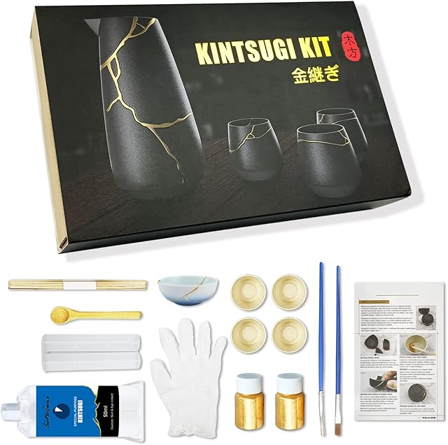 Kintsugi Repair Kit, Repair Treasured Ceramics Items with 50ML Gold Powder Glue, Entry-Level Kintsugi Kit, with a Practice Ceramic Cup