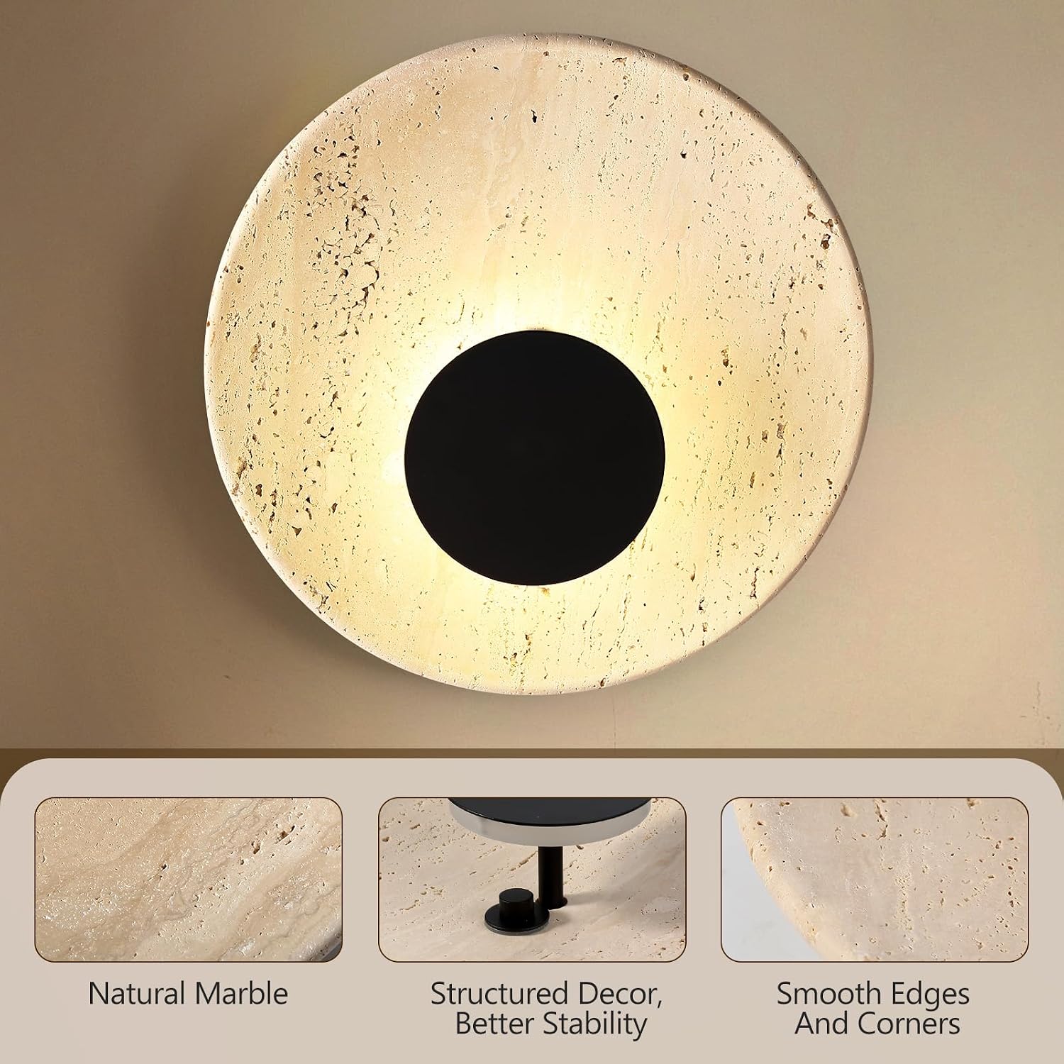 Round Wall Sconce, Natural Marble Hardwired Circular Sconce Modern Sconces Wall Lighting Vanity Light Fixtures for Bedroom, Stairs, Living Room, Bedside(Roman Travertine)