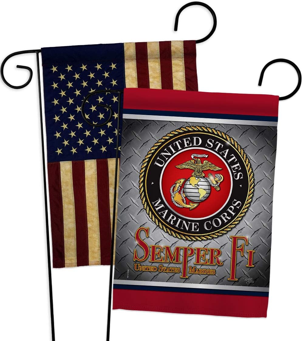 Semper Fi US Marine Garden Flags 2pcs Pack Armed Forces Corps USMC United State American Military Veteran Retire Official Small Decorative Gift Yard House Banner Double-Sided Made In USA 13 X 18.5