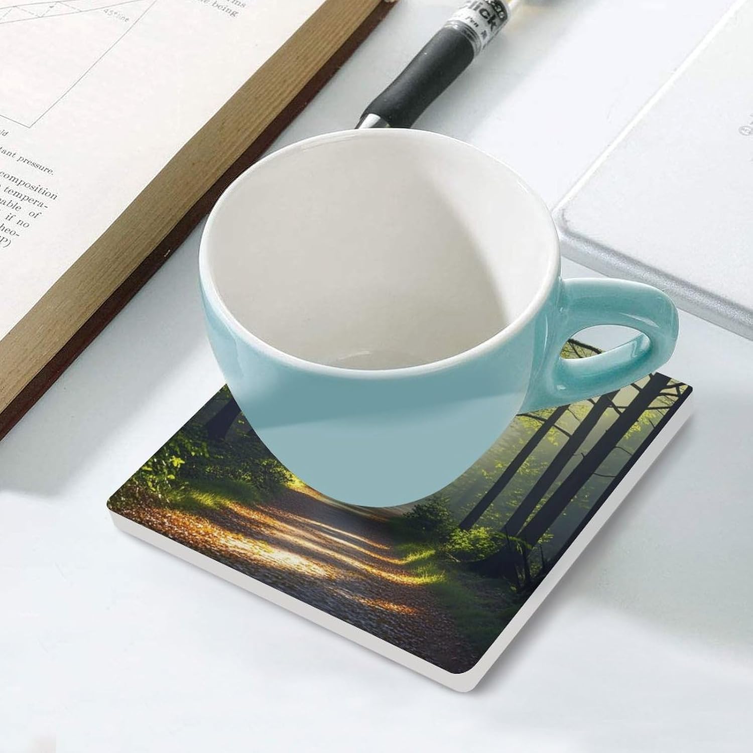Green Under The Sunshine Coasters Absorbent Ceramic Coasters for Drinks Coaster with Cork Backing for Table Protection Square Drink Cup Mat Modern Style Coaster for Coffee Table