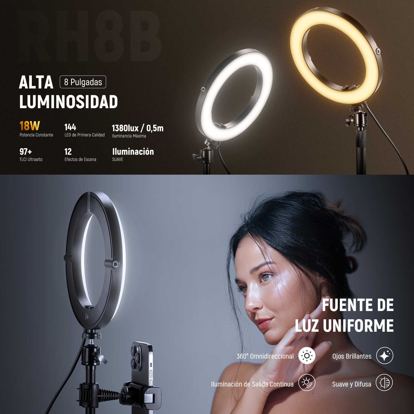 NEEWER 8" 18W Aro Luz Escritorio Alta Potencia con Stand & Soporte Móvil,Aro Luz Circular Selfie para iPhone Streaming Vlogging Grabación Iluminación Kit para Videoconferencia Portátil Zoom Call,RH8B