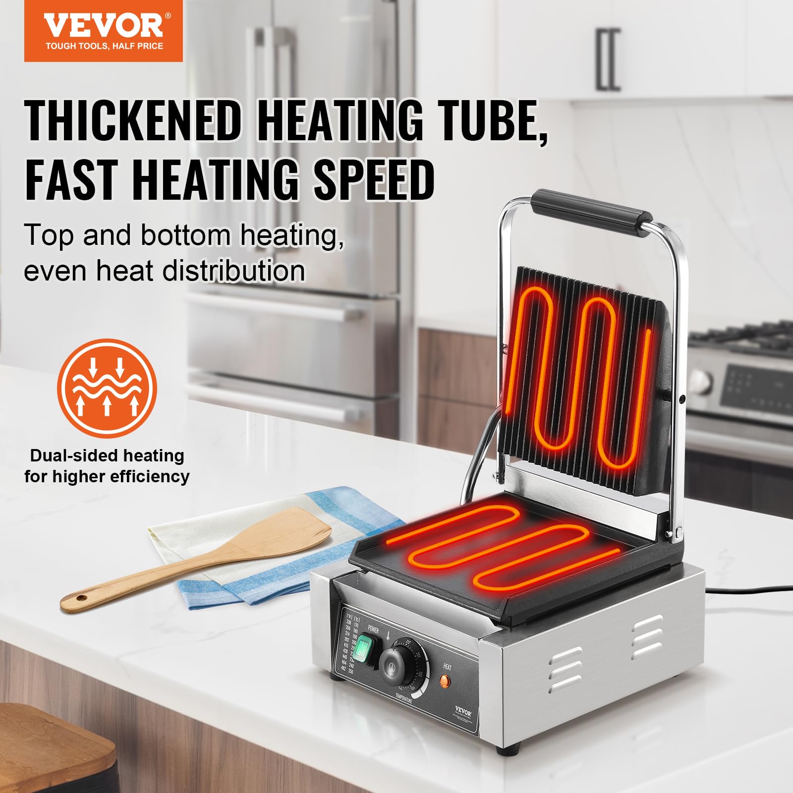 VEVOR Parrilla Comercial Eléctrica para Panini para Hacer Sándwiches y Panini, Acero Inoxidable, con Control de Temperatura y Placa Plana Esmaltada, para Hamburguesas y Tocino, 310 x 410 x 215 mm
