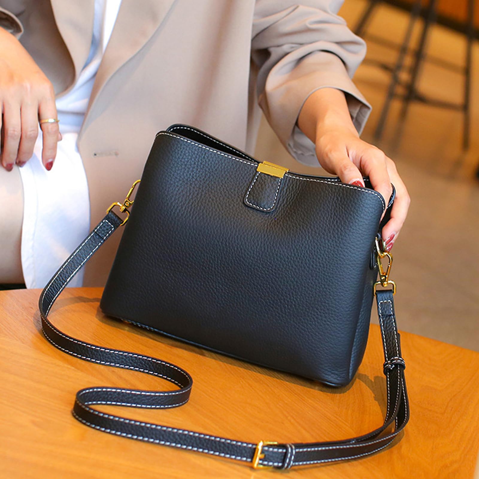 imeetu Crossbody Bags for Women Genuine Leather Shoulder Bag with Zipper Medium Size(Blue)