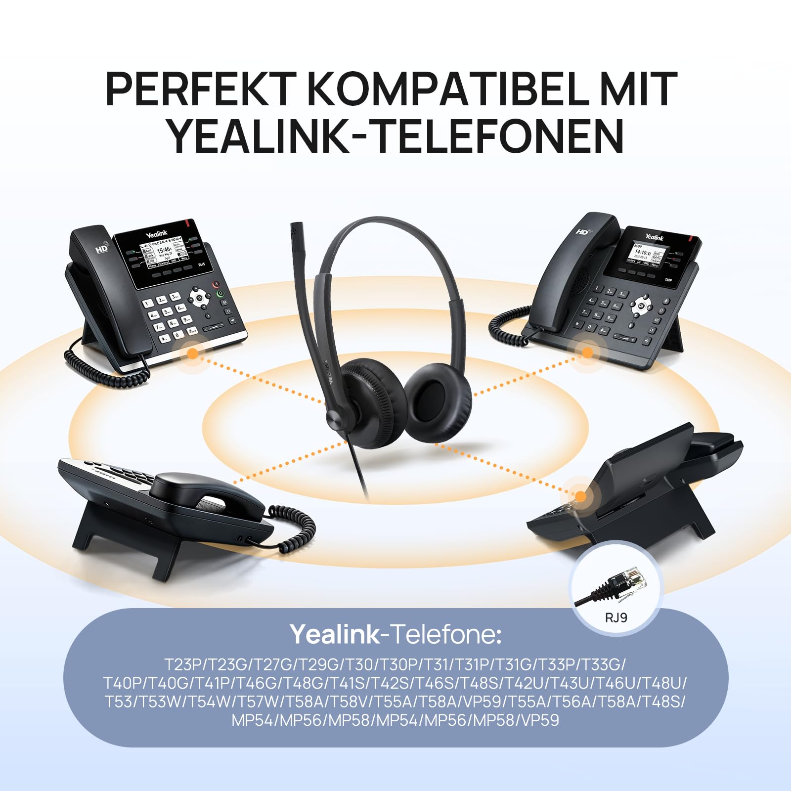 Yealink YHS34 Auriculares telefónicos con Cables de conexión RJ9 y QD. Compatibles con teléfonos Poly, Avaya, Snom y Grandstream. Auriculares monoaurales con micrófono para teléfonos de Oficina