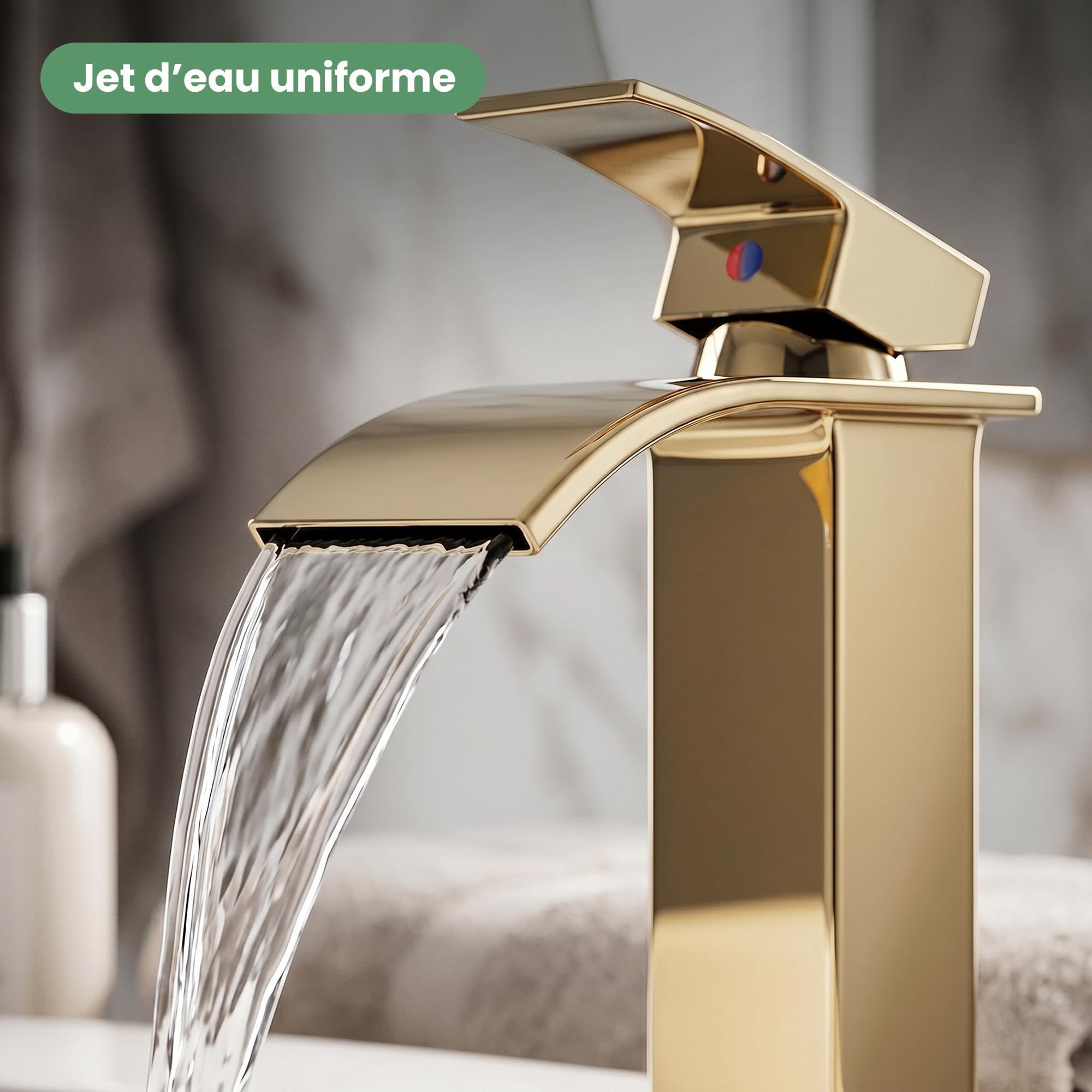 AKORD Mitigeur de Lavabo EVIO Haute Cascade pour Vasque à Poser, Robinet de Salle de Bain Design, 30 cm, Or