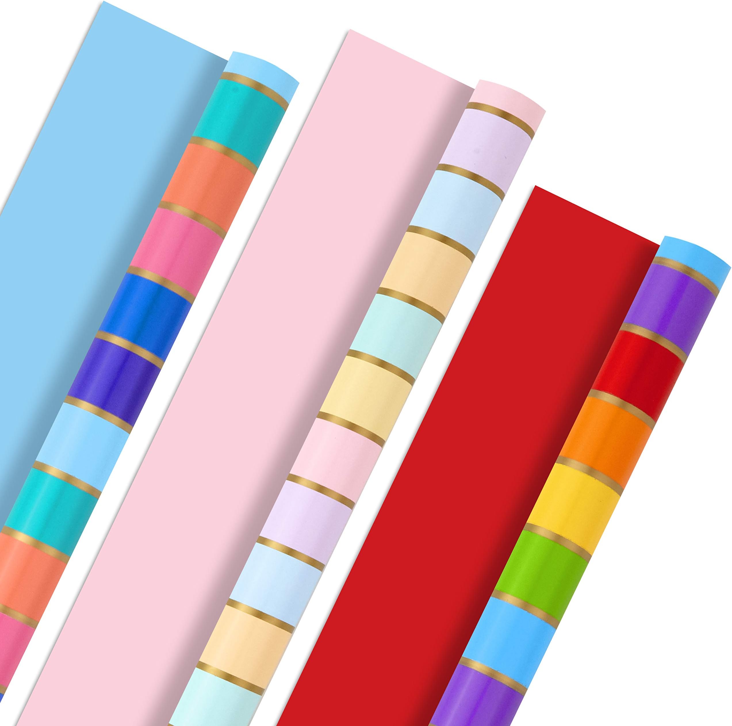 All Occasion Reversible Wrapping Paper Bundle - Rainbow Stripes and Solid (3-Pack: 75 sq. ft. ttl.) for Easter, Mothers Day, Birthdays, Weddings, Bridal Showers, Baby Showers and More