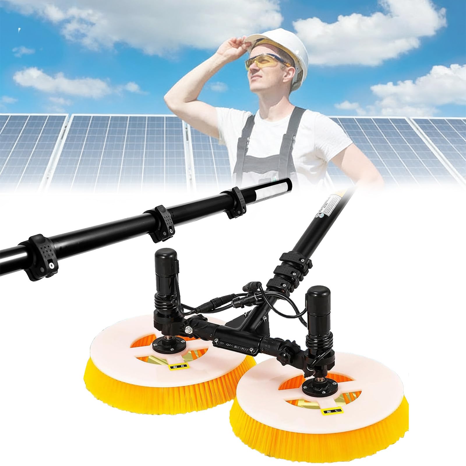 HADECOLL Electric Solar Panel Cleaning Tool, Photovoltaic Brush With 2 Round Heads, Lithium Battery Kit For Easy Dust Removal,Lithium Battery-3.5M/11Ft