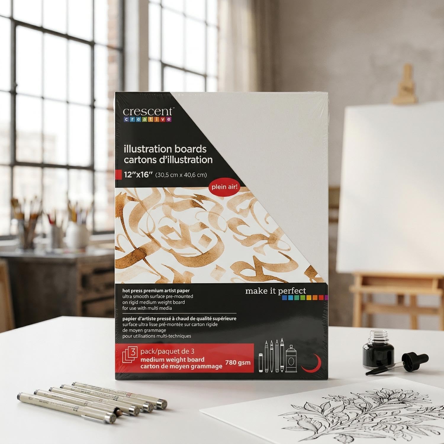 Crescent Portable Letter Board, Drawing Supplies for Artists, Acid-Free, Rigid, Ideal for Plein Air, Multi-media, Hot Press, 3 Sheets, 12"x16"